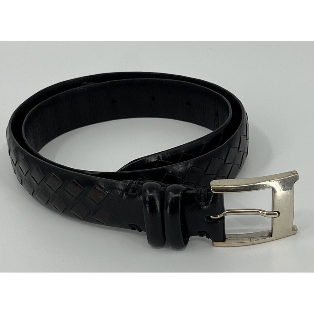 Vintage Leather Island Bill Lavin Woven Leather Belt Silver Tone Brass Buckle 34